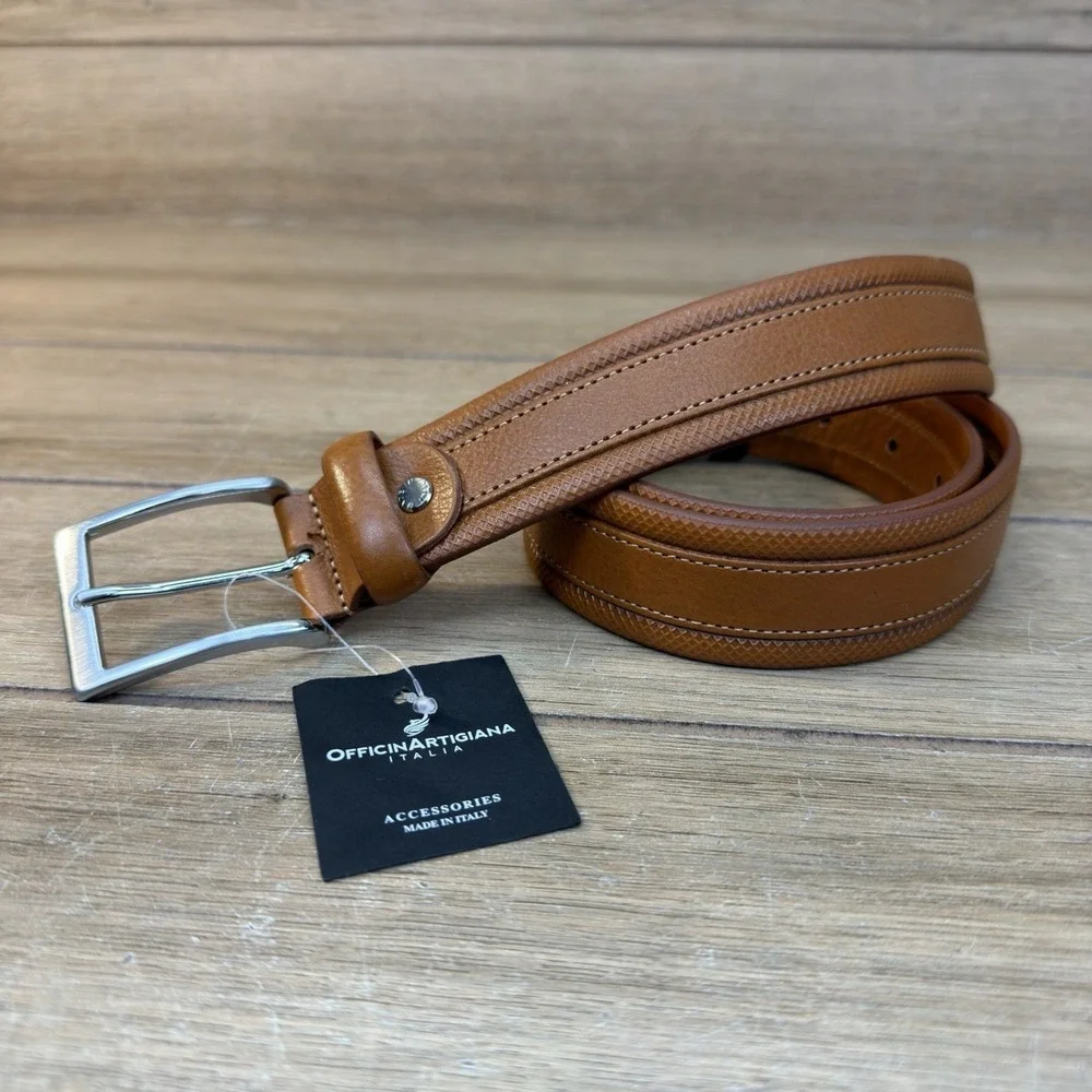 Officin Artigiana Italia Leather Belt Mens 38 Tango Cognac Brown Made In Italy